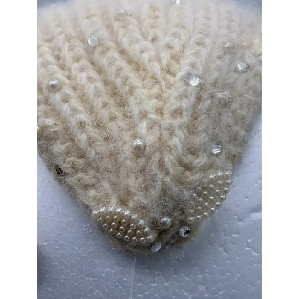 Vintage 1950s Ivory Angora Headband – Pearl Beads, I Love Lucy Era
